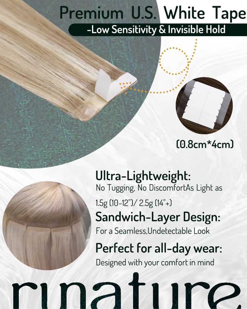 RUNATURE 22 Inch Tape in Hair Extensions Human Hair Ash Brown Highlight Platinum Blonde Hair Extensions Tape in Invisible Straight Tape Ins Human Hair Extensions Blonde Silky Double Sided 50g 20pcs - Image 3